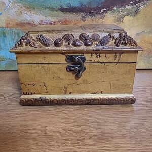 Wooden Jewelry Trinket Box Fruit Design Unmarked Velvet Lined 7x4.5